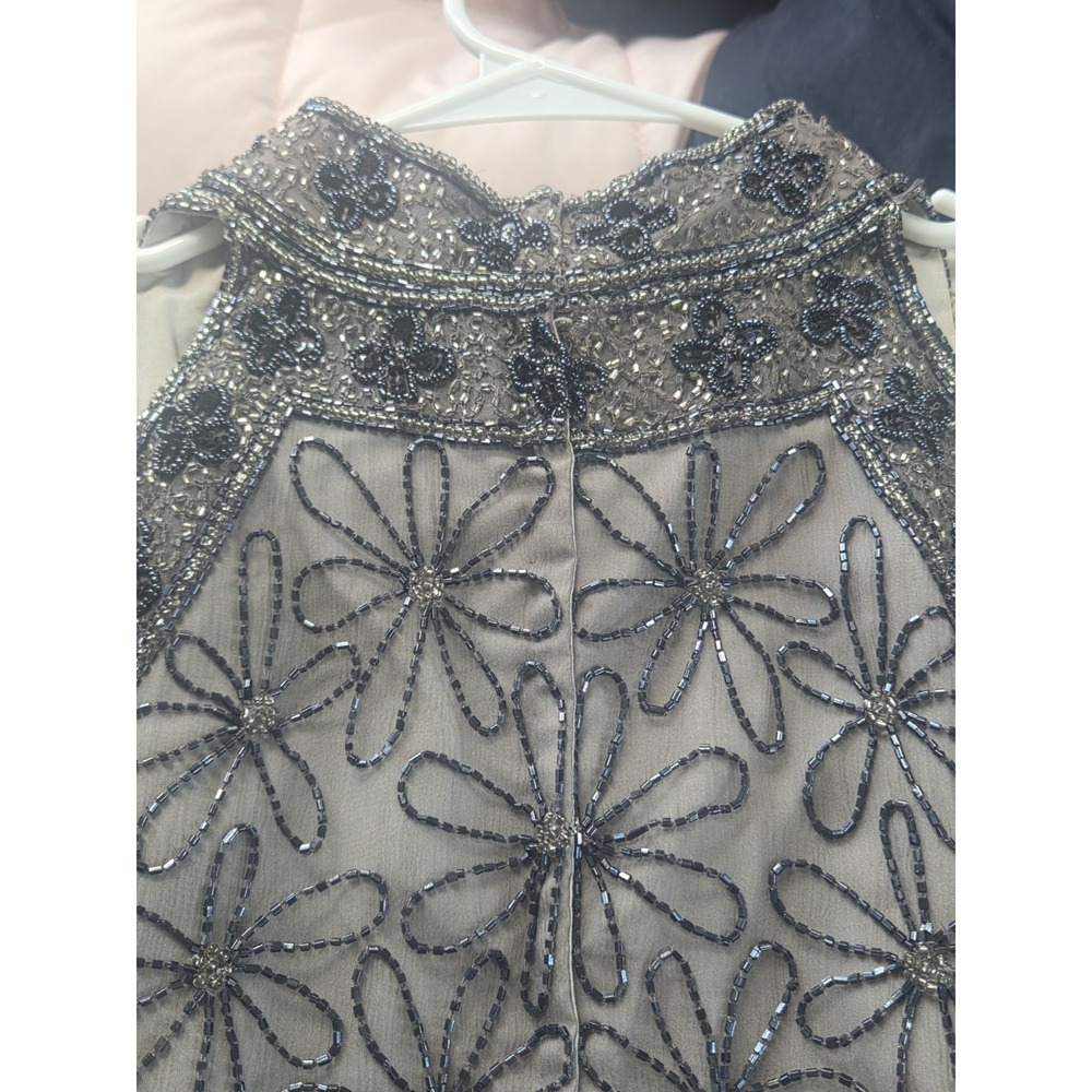 VTG Papell Boutique Evening Silk Beaded Top XL Grey Floral Sleeveless AS-IS - Picture 9 of 12